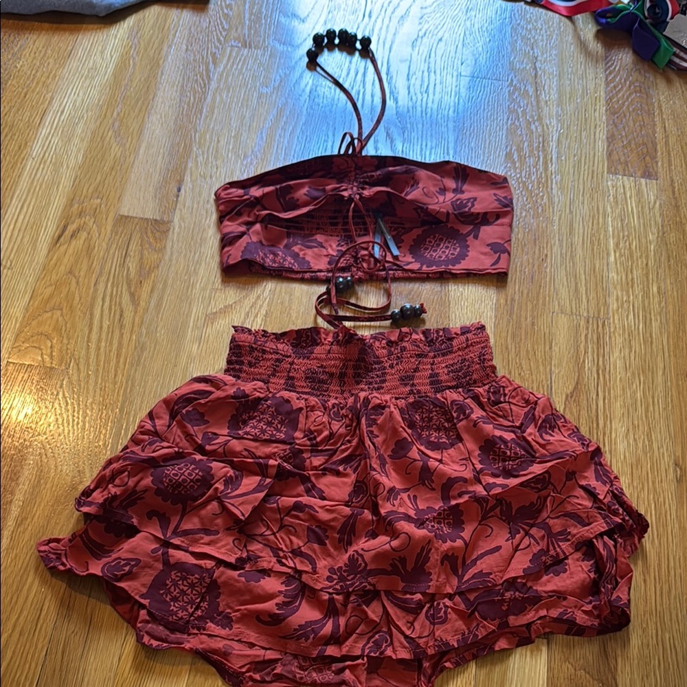Anthropologie Red Ruffled Bubble Skirt Set